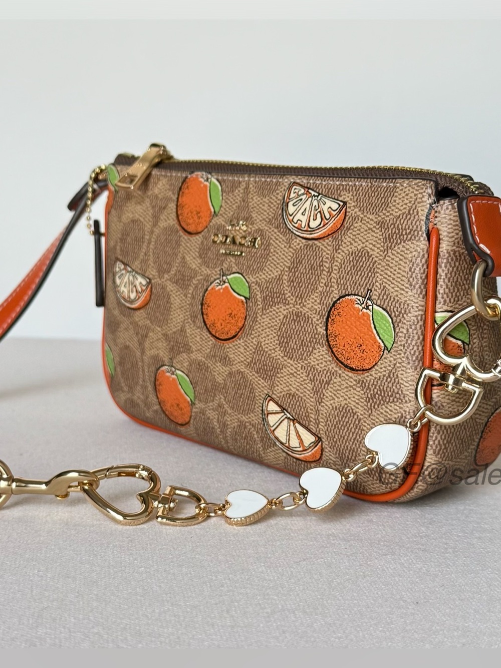 NWT Coach Nolita 19 Orange Print Wristlet Small Bag Gold/Tan CAL27 + Extender